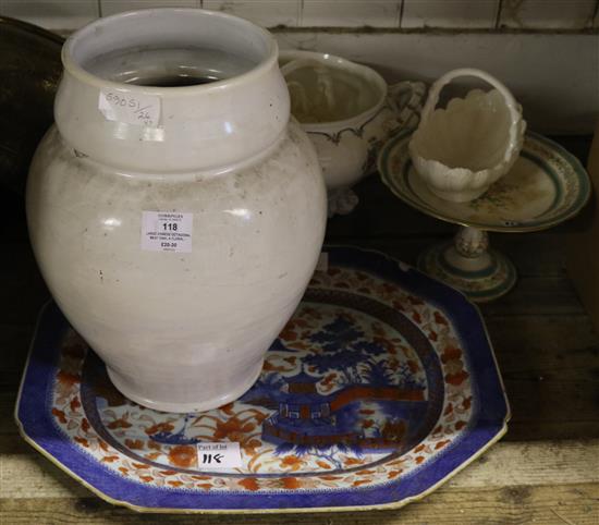 Large Chinese octagonal meat dish; a floral comport (repaired), early 19th century jardiniere, 3 porcelain baskets & a pot(-)